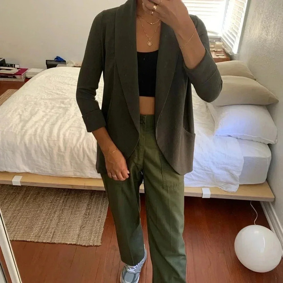 Aritzia wilfred chevalier draped open tuxedo blazer dark olive green gre… - Picture 2 of 11